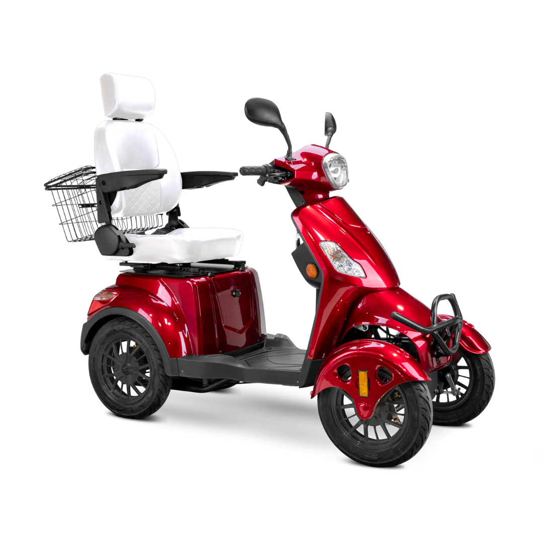 The Bespoke Prestige Recreational 4-Wheel Scooter features a shiny red finish, white padded adjustable seat with backrest and armrests, front headlight, rearview mirrors, and a metal basket attached to the back.